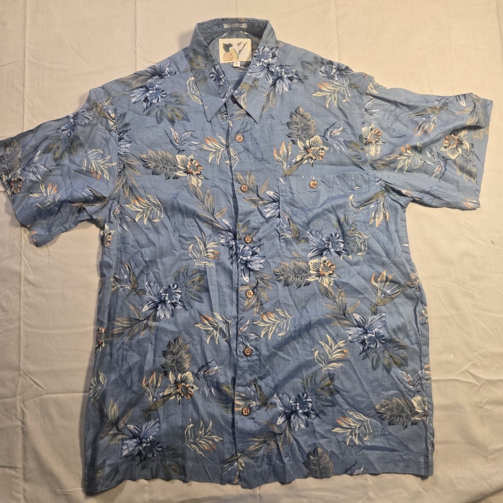 Vtg Ron Chereskin Shirt 100% Rayon Men's L Floral Leaves Blue Button Up Hawaii